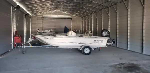 A Coastal Skiff in storage at East Coast Marine in Hubert, NC